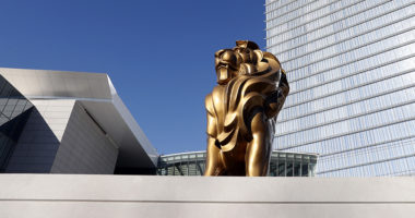 FILE - In this Dec. 2, 2016, file photo, the MGM lion stands in front of the 23-story hotel during a preview tour of the MGM National Harbor hotel and casino in Oxon Hill, Md. Maryland voters are deciding two statewide ballot questions with significant financial ramifications for future years, including whether to allow sports betting and if the legislature should have more power over the state budget. Details such as where sports betting would be allowed will be decided later. (AP Photo/Alex Brandon, File)